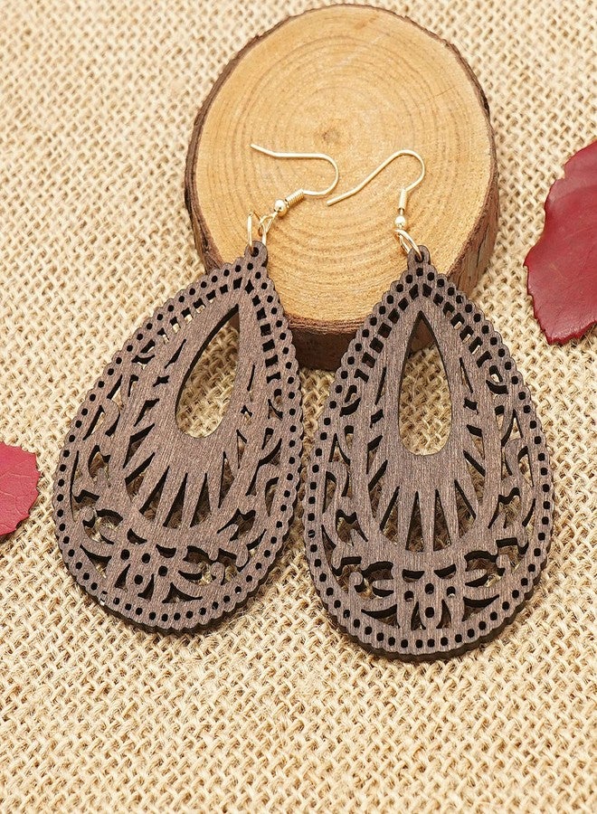 Wovanoo Wooden Hoop Earrings for Women 2 Pairs Natural Wooden Teardrop Earrings Lightweight Drop Dangle Earring Brown - Image 4